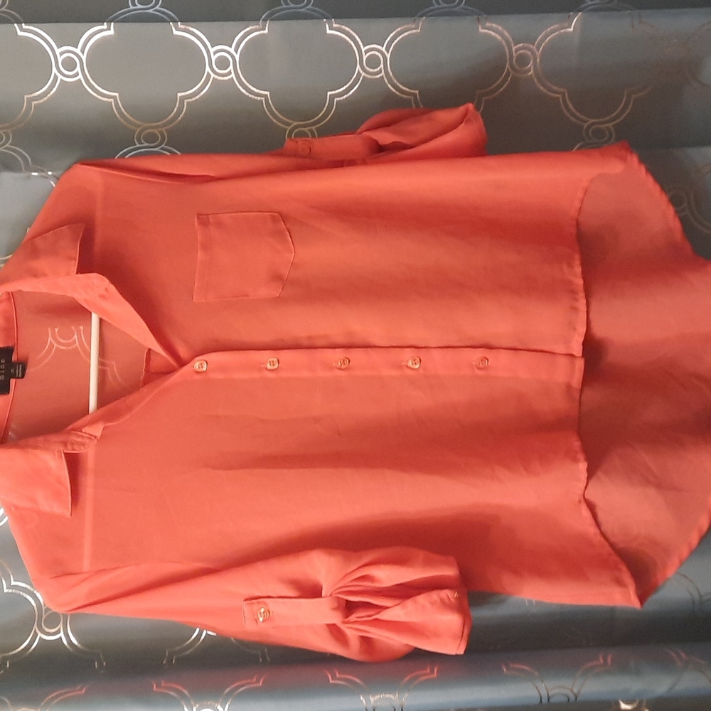 Coral sheer button up collar shirt.Sleeves can be rolled up & buttoned mid arm.